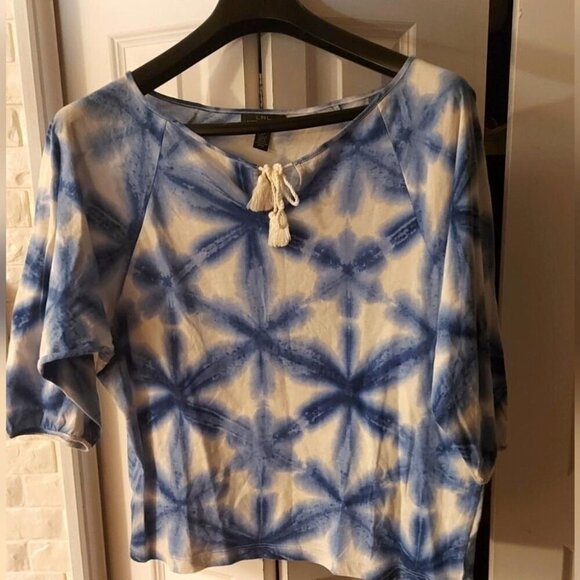 Ralph Lauren Blue Tie-Dye Boho Blouse Cottagecore Bohemian Chic Coastal Cowgir - Picture 3 of 8